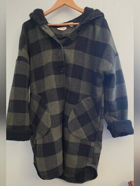 RD Style Black and Olive Plaid Hooded Coat